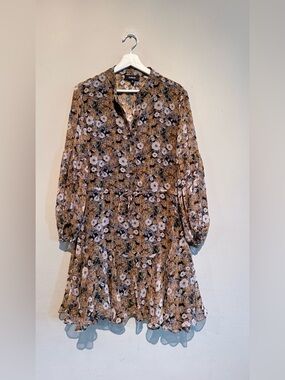 Aakaa Brown and White Floral Long-Sleeve Ruffle Hem Dress